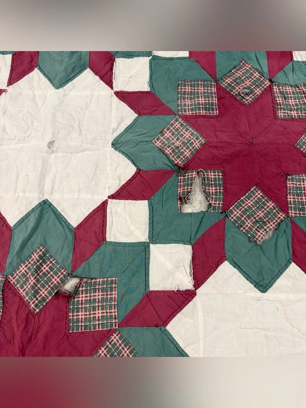 VTG Antique Very Old Quilt Blanket Patchwork 8 Pointed Stars 3D Hand Sewn 80x64”